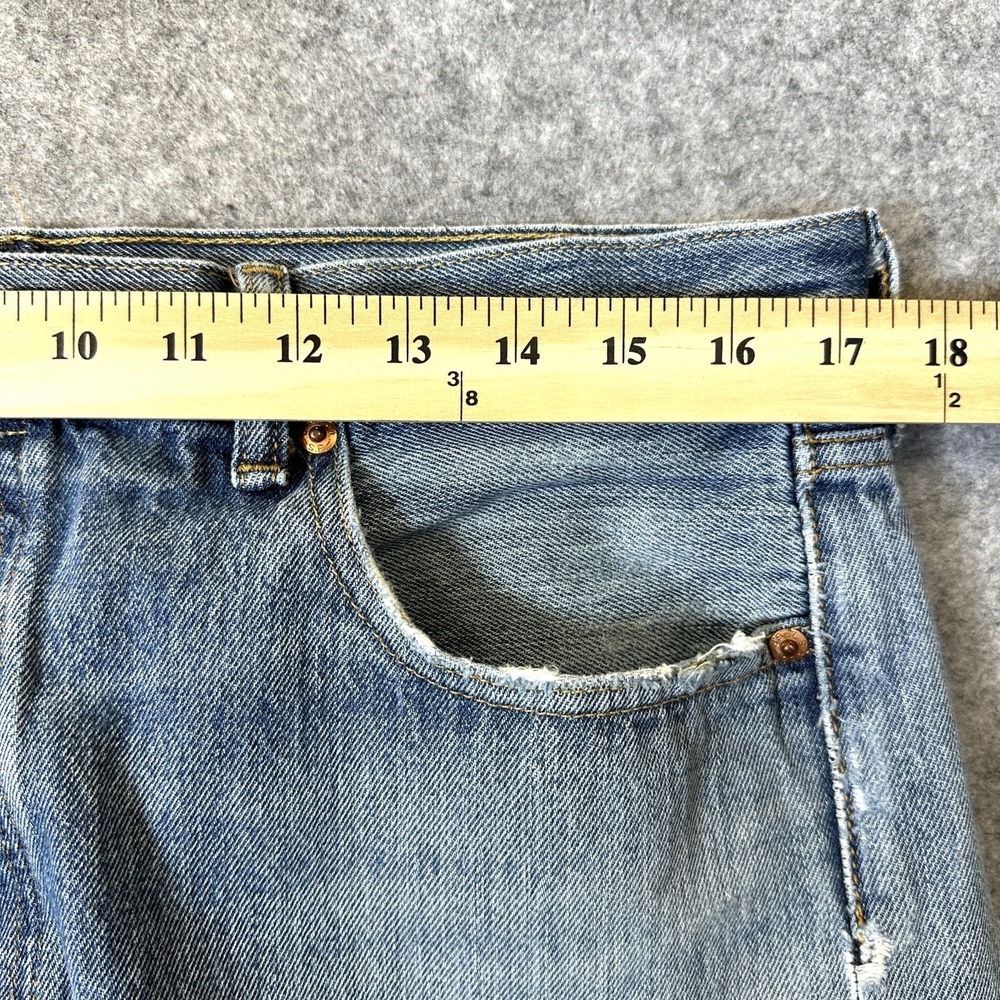 Levis 501 Jeans Mens 36x30 Light Blue Denim Straight Leg Button Fly Distressed - Picture 9 of 11